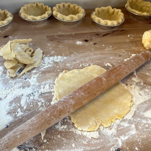 pie dough on a counter dusted with flour