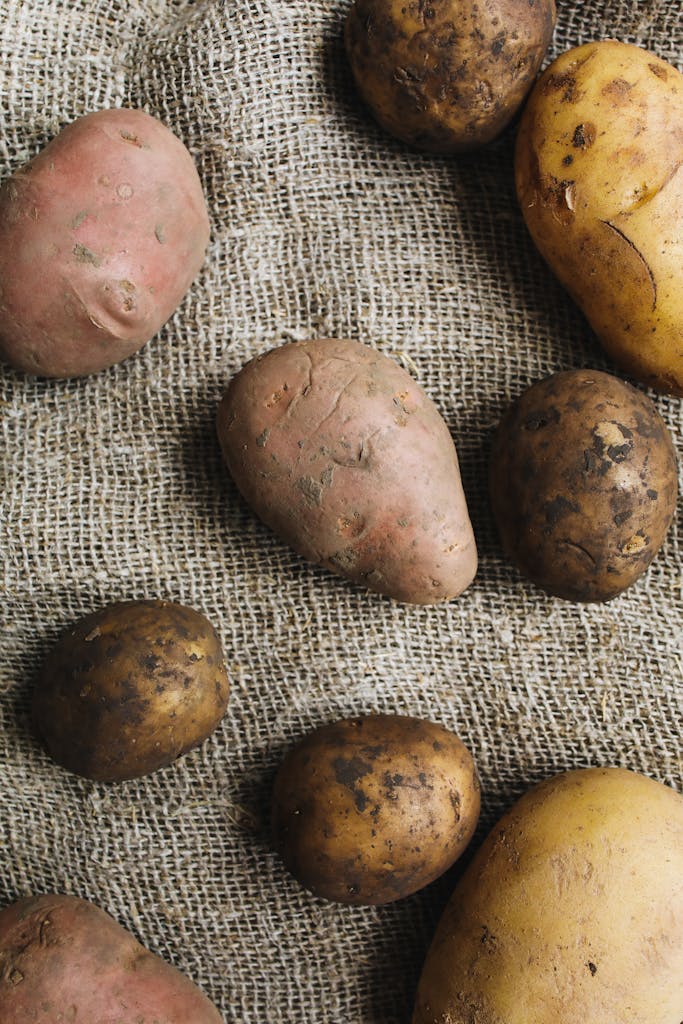 Variety of organic potatoes displayed on a rustic burlap background.